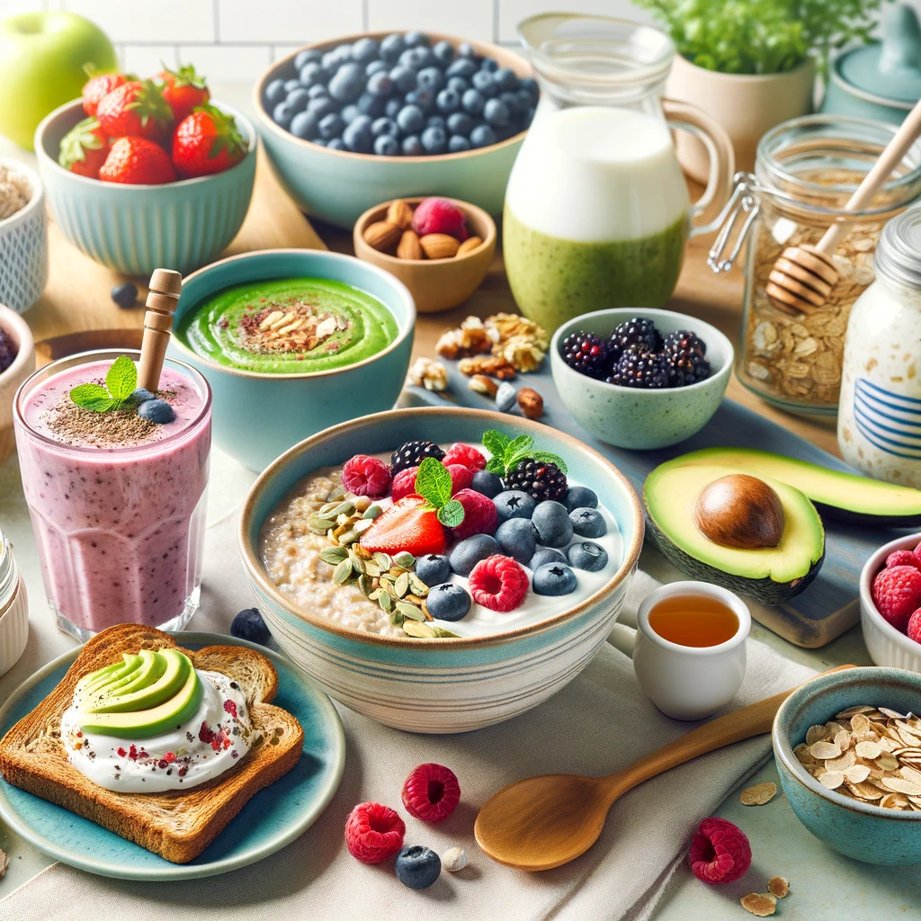 A colorful and nutritious breakfast spread in a bright kitchen setting. The table features a bowl of oatmeal topped with fresh berries, a smoothie bowl adorned with nuts and seeds, whole grain toast with avocado slices, a cup of green tea, and yogurt with a honey drizzle, representing a variety of healthy breakfast options to start the day right