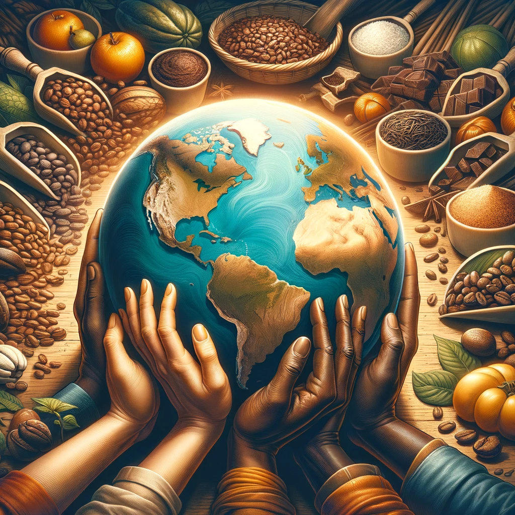 An image representing ethical consumerism for a WordPress article titled 'Ethical Ingredients: Choosing Brands That Prioritize Fair Trade Practices'. It features a globe surrounded by ethically sourced products like coffee beans, cocoa, tea leaves, and fruits. In the foreground, hands of different ethnicities gently hold the globe, symbolizing unity and care for the planet. The background has a warm, earthy tone with a subtle hint of a market scene, emphasizing the global nature of fair trade