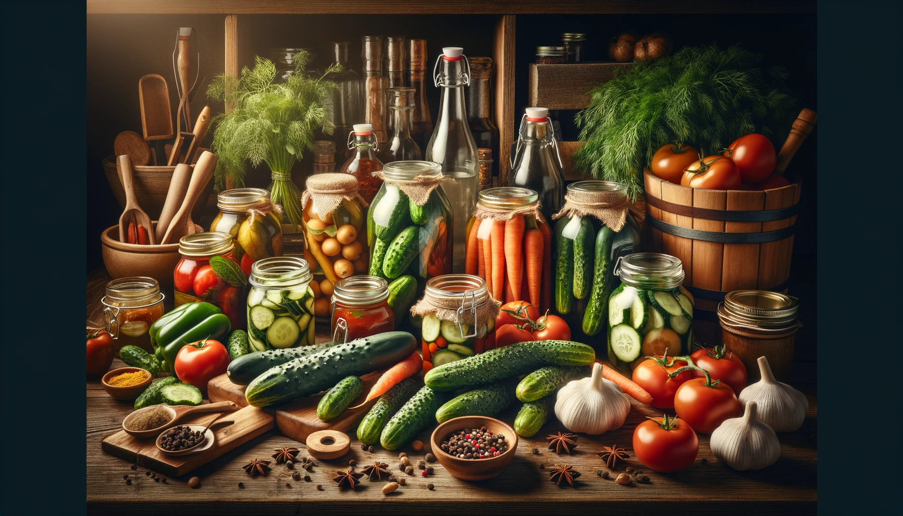 The image portrays a rustic kitchen setting, illustrating the theme of "Preserving the Harvest: Canning and Pickling Ingredients for Beginners." It features an array of fresh vegetables like cucumbers, carrots, tomatoes, and peppers, arranged on a wooden table. Also visible are glass canning jars, vinegar, spices, and various canning equipment, suggesting a homey and DIY approach to food preservation. The atmosphere is warm and inviting, with rich colors highlighting the natural beauty of the produce and the traditional preservation process. This image effectively captures the essence of a beginner's guide to canning and pickling