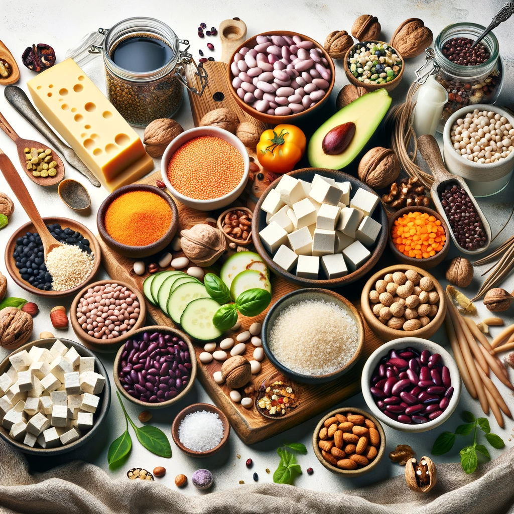 An array of vegetarian and vegan protein sources including beans, lentils, tofu, seitan, nuts, and quinoa, artistically presented against a simple background, illustrating a nutritious vegetarian and vegan diet