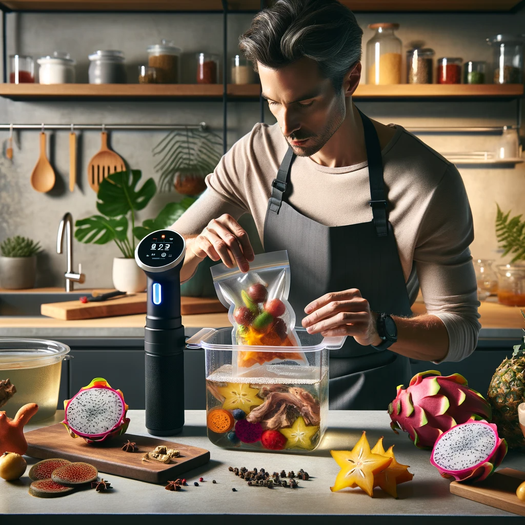 A modern kitchen scene showcasing sous vide cooking. The image features a well-lit kitchen counter filled with colorful and exotic ingredients like starfruit and dragon fruit, along with rare spices. In the center, a sous vide immersion circulator is placed in a clear container, cooking a vacuum-sealed bag with a gourmet dish inside. A chef, wearing a professional apron, is intently placing a unique ingredient into another vacuum-sealed bag, highlighting the precision and innovative techniques of sous vide cooking