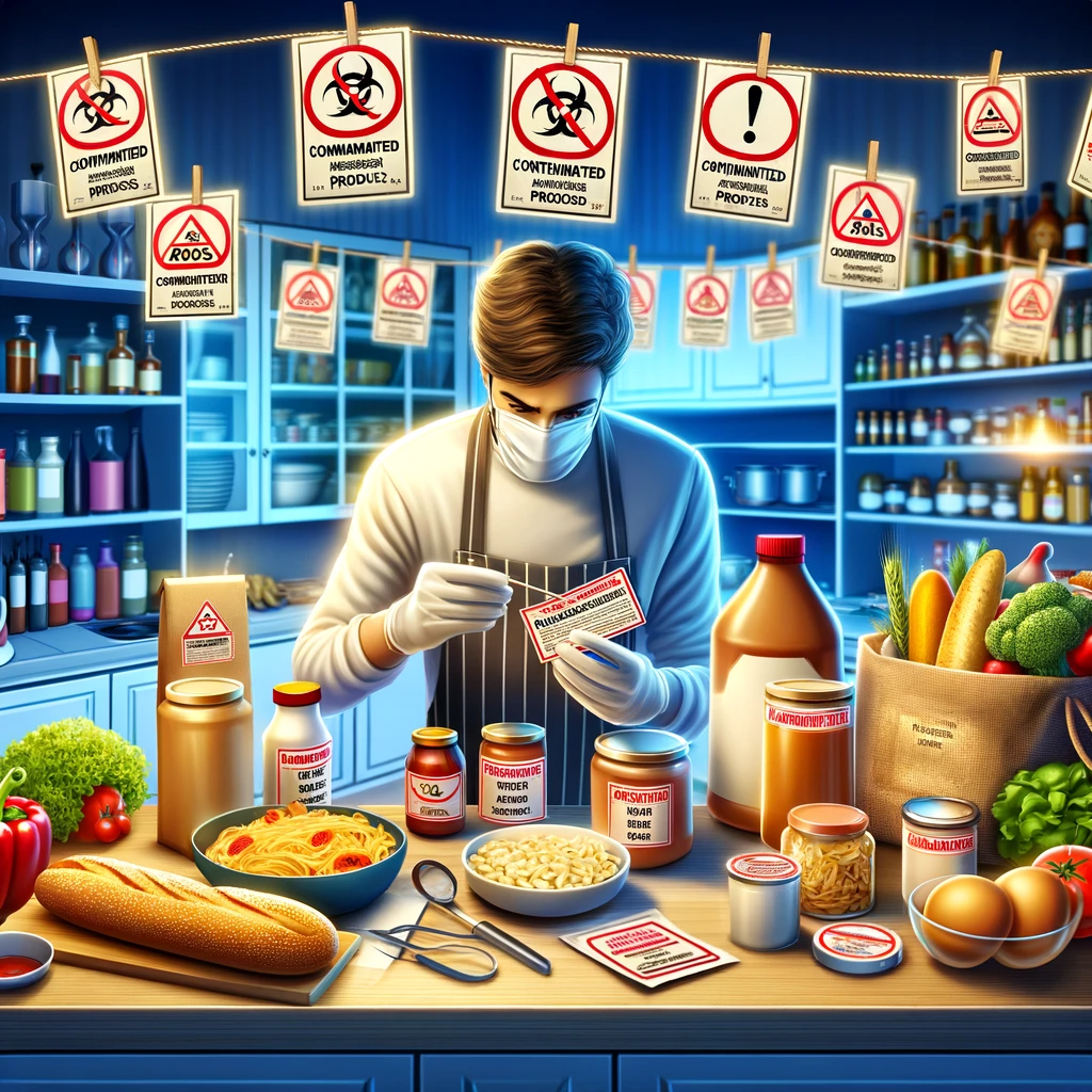 A person in a kitchen carefully examining food products with red warning labels for contamination or recall, highlighting the importance of ingredient safety and vigilance