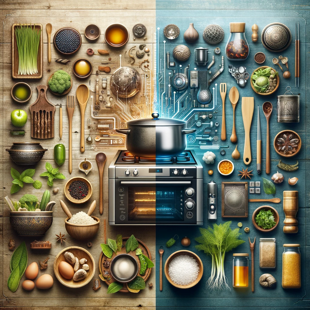 An image depicting the evolution of culinary trends, divided into two contrasting sections. The left side portrays traditional cooking with herbs, wooden utensils, and earthenware pots in a rustic kitchen setting, symbolizing historical culinary practices. The right side transitions to a modern culinary scene with high-tech kitchen appliances, futuristic ingredients, and sleek, modern kitchenware in a contemporary setting, representing the modernisation and innovation in cooking trends