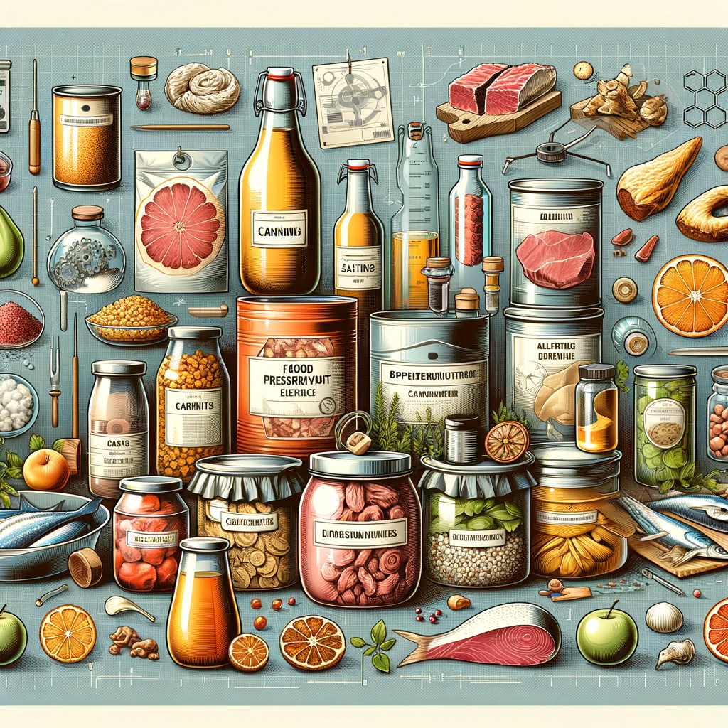 An educational illustration depicting various food preservation methods and ingredients. It includes visuals of canning, drying, salting, and the use of preservatives. The image features canned foods, dried fruits and meats, salted fish, and bottles of preservatives, all arranged in an informative and visually appealing manner, highlighting the science behind these preservation techniques