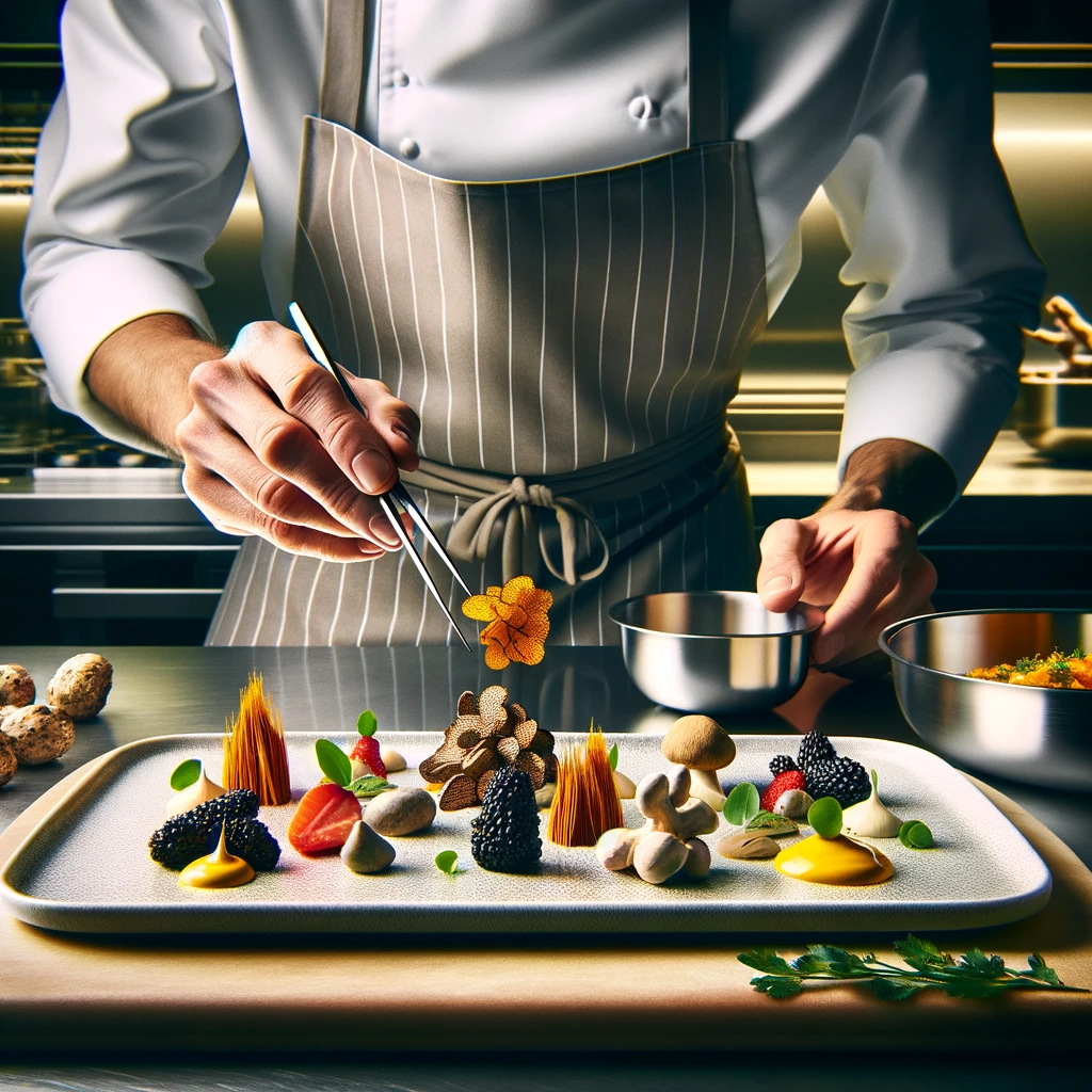 A luxurious, gourmet kitchen scene with a dish being expertly plated by a chef. The dish showcases high-end ingredients like truffles, saffron, and fresh herbs. The chef, seen from the waist down, wears a white apron and arranges the food with precision tweezers. The background features a professional stainless steel kitchen with soft lighting, highlighting the elegance of a Michelin-starred restaurant.