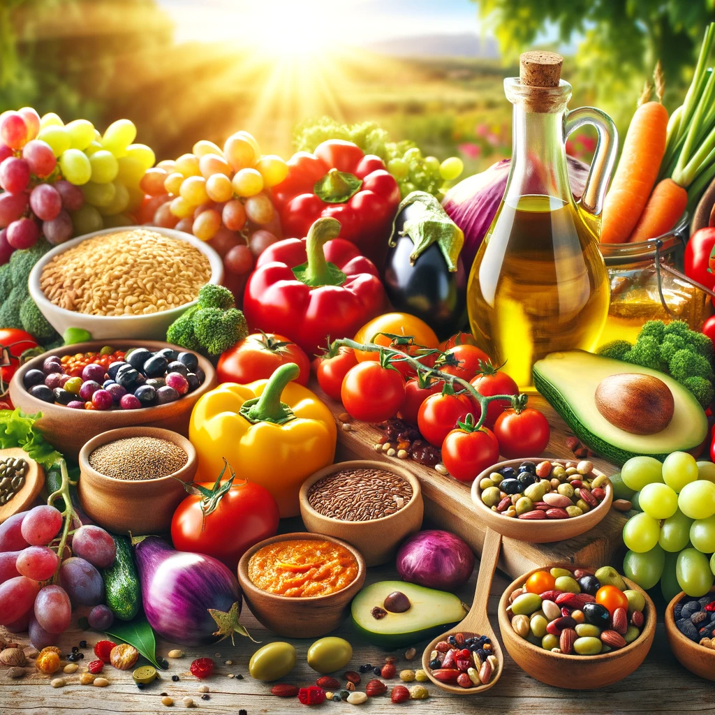 A colorful and healthy display of Mediterranean diet ingredients, including a variety of fresh vegetables, fruits, whole grains, legumes, nuts, and seeds, with olive oil, on a rustic wooden surface with a sunny Mediterranean background