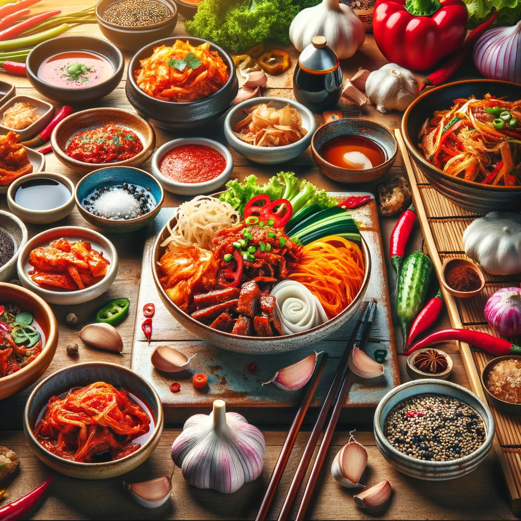 A vibrant and colorful depiction of Korean cuisine, showcasing a variety of dishes like kimchi, bibimbap, and bulgogi. Key ingredients such as gochujang (red chili paste), soy sauce, and garlic are also prominently featured. The setting is a kitchen or dining table, artistically arranged to highlight the rich colors and textures of the food, reflecting the culinary culture of Korea