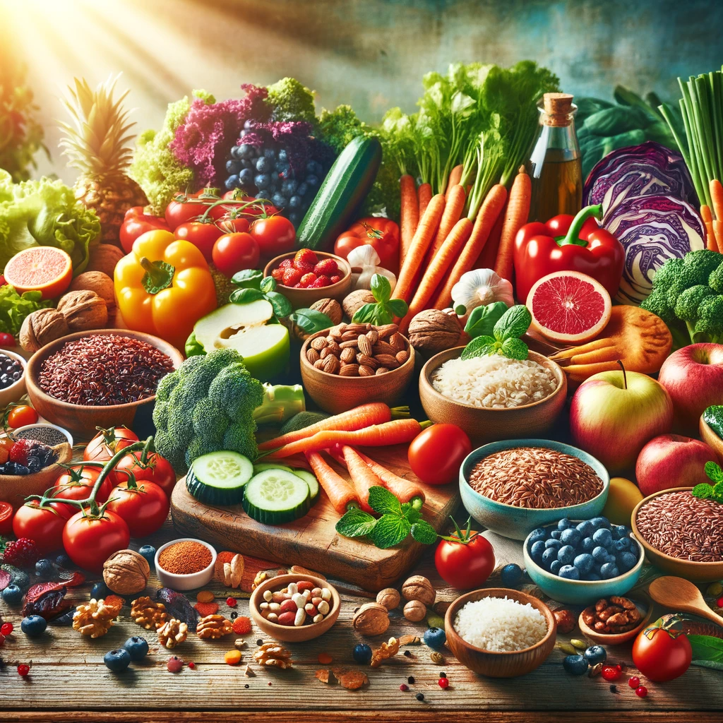 A colorful and wholesome display of heart-healthy cooking ingredients on a rustic wooden table. The arrangement includes a variety of fresh vegetables like tomatoes, carrots, and leafy greens; whole grains such as brown rice and quinoa; lean proteins including grilled chicken and fish; an assortment of nuts and seeds; and a selection of fruits like berries and apples, all bathed in natural light, creating a vibrant and healthy culinary scene