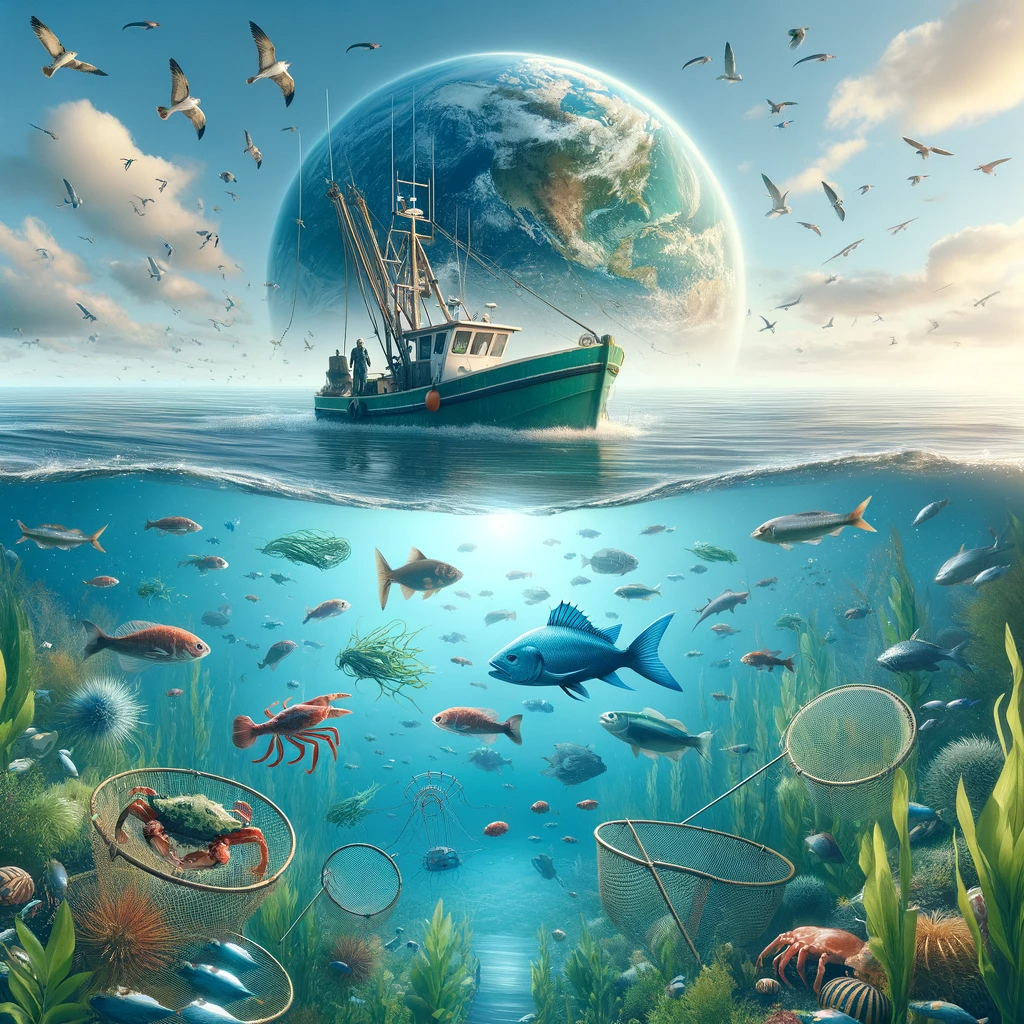 Serene ocean scene with diverse marine life and a small, eco-friendly fishing boat equipped with sustainable fishing gear, under a clear and blue sky, symbolizing responsible seafood sourcing and environmental preservation