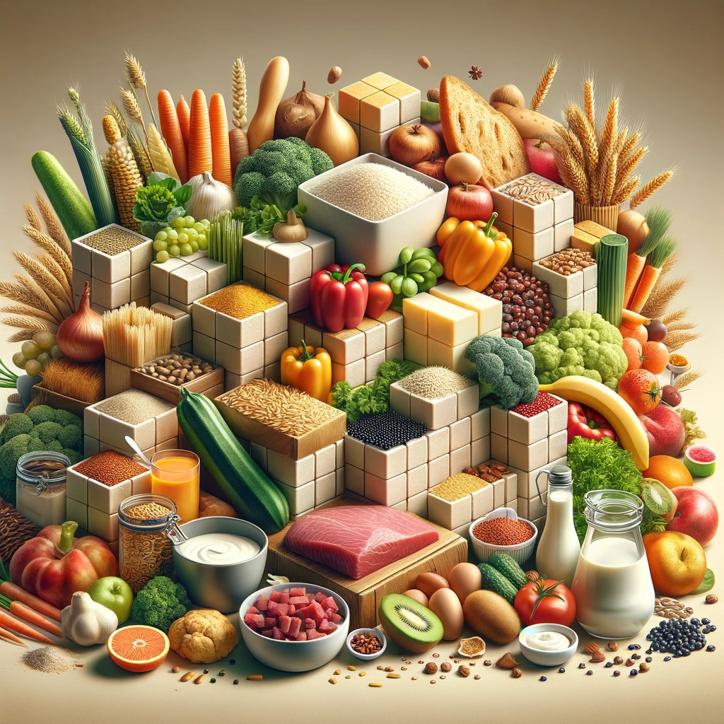 A realistic and inviting composition of common food ingredients such as vegetables, fruits, grains, meats, and dairy products, artistically arranged to resemble building blocks against a neutral background, symbolizing the essential role they play in meal preparation.