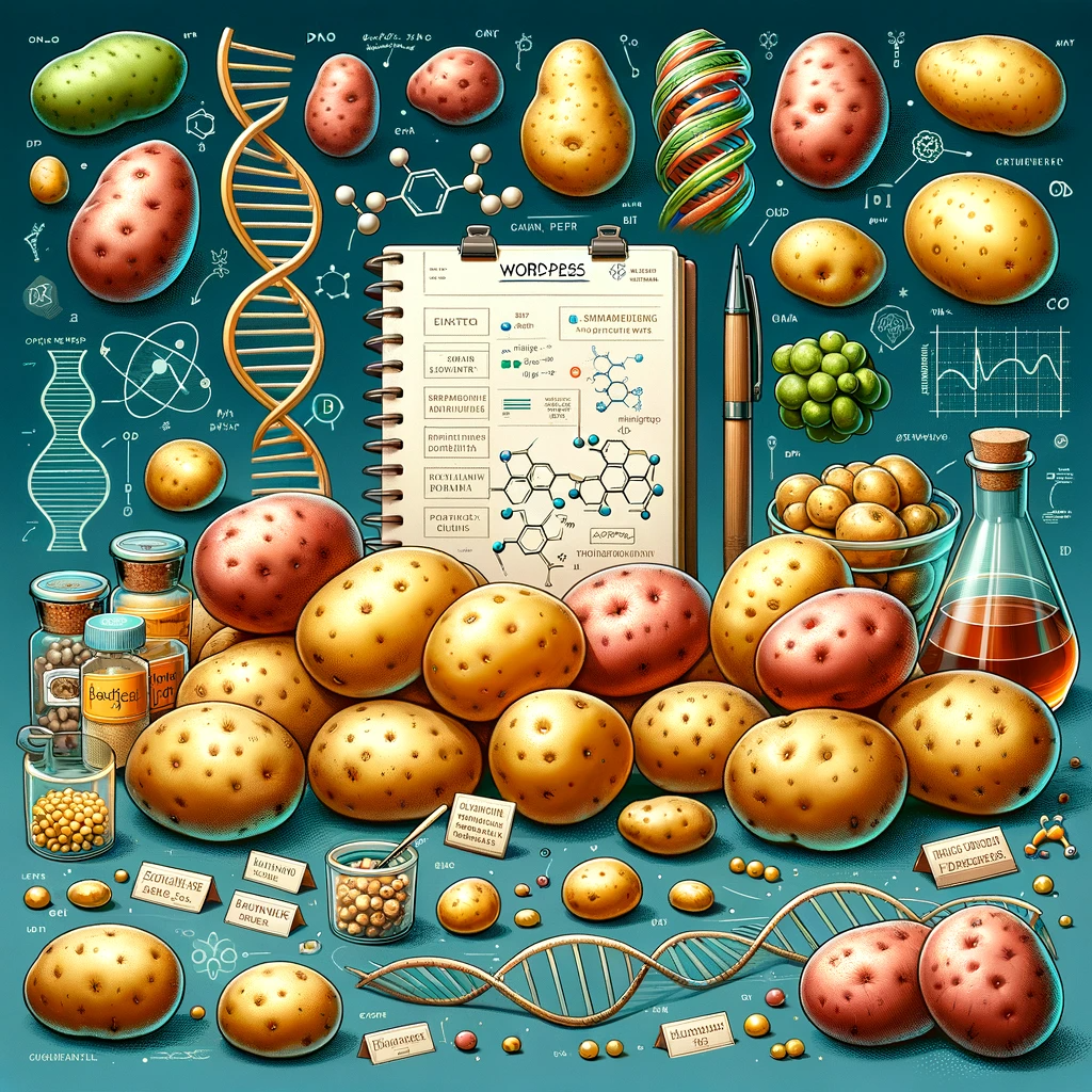 The image features a variety of potatoes, each labeled with their type, such as Russet, Yukon Gold, and Red Potatoes. In the background, there are scientific elements like DNA helices, molecular structures, and a notepad with notes about the characteristics of different potato varieties. The image is educational and colorful, emphasizing the diversity and science behind potato varieties