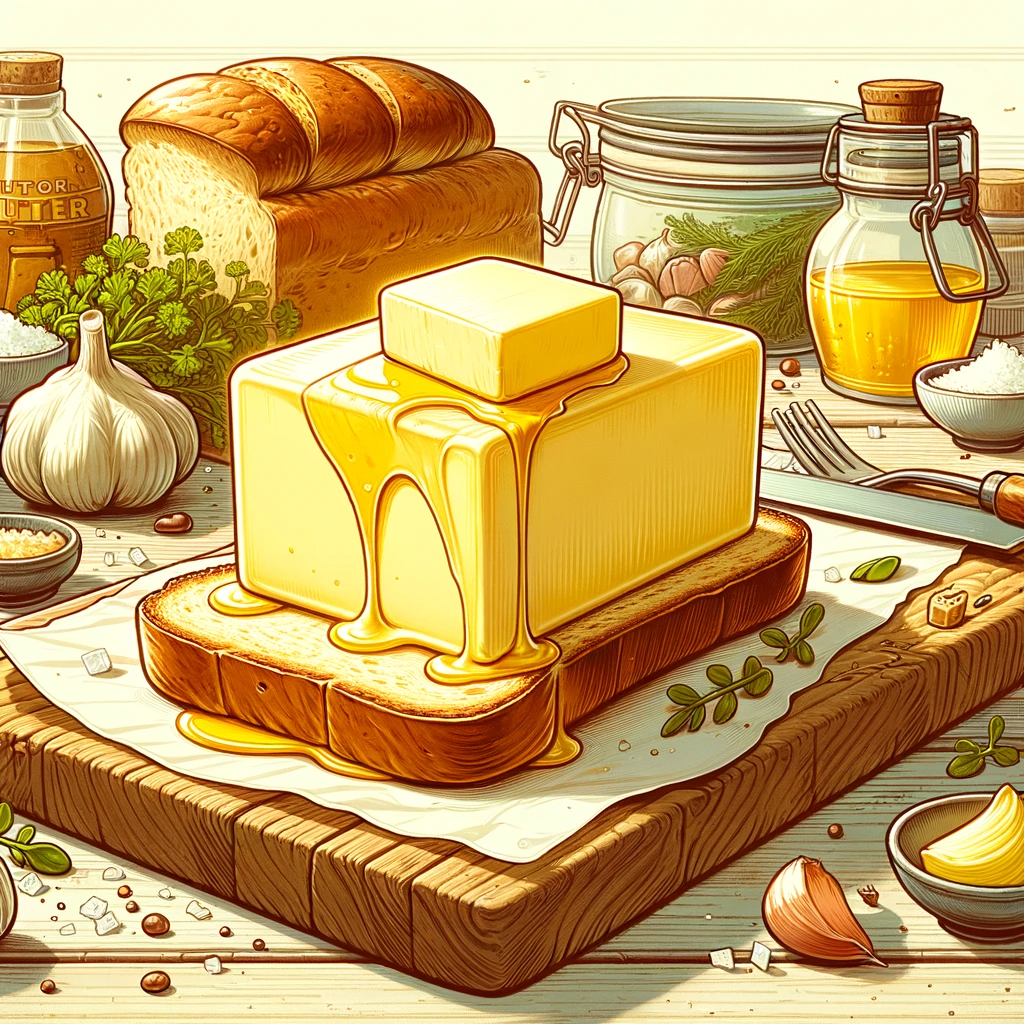 The illustration showcases a whimsical and inviting kitchen scene centered around butter. In the foreground, there's a pat of golden-yellow butter melting slightly atop a freshly sliced loaf of bread, highlighting its creamy texture. Surrounding the butter are various ingredients such as fresh herbs, garlic, and a pinch of salt, suggesting different ways to flavor butter. The background features a rustic wooden kitchen table in a cheerful, homey atmosphere, with no logos or brand symbols visible