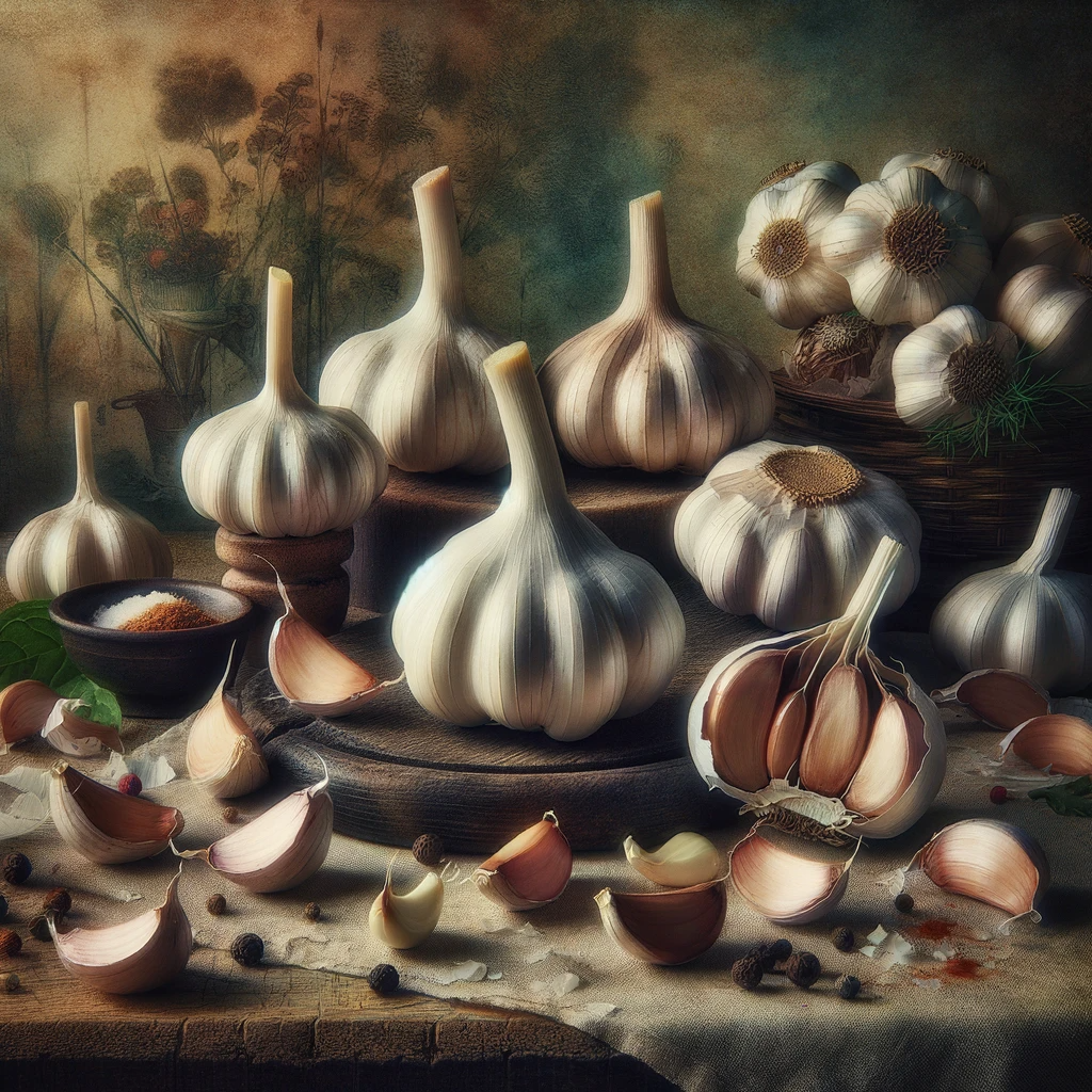 An artistic representation of garlic bulbs and cloves in various stages - whole, sliced, and minced, arranged on a rustic kitchen table. The background includes subtle hints of herbs and spices, with soft lighting highlighting the textures and colors of the garlic. The composition evokes a sense of culinary passion and the importance of garlic in cooking