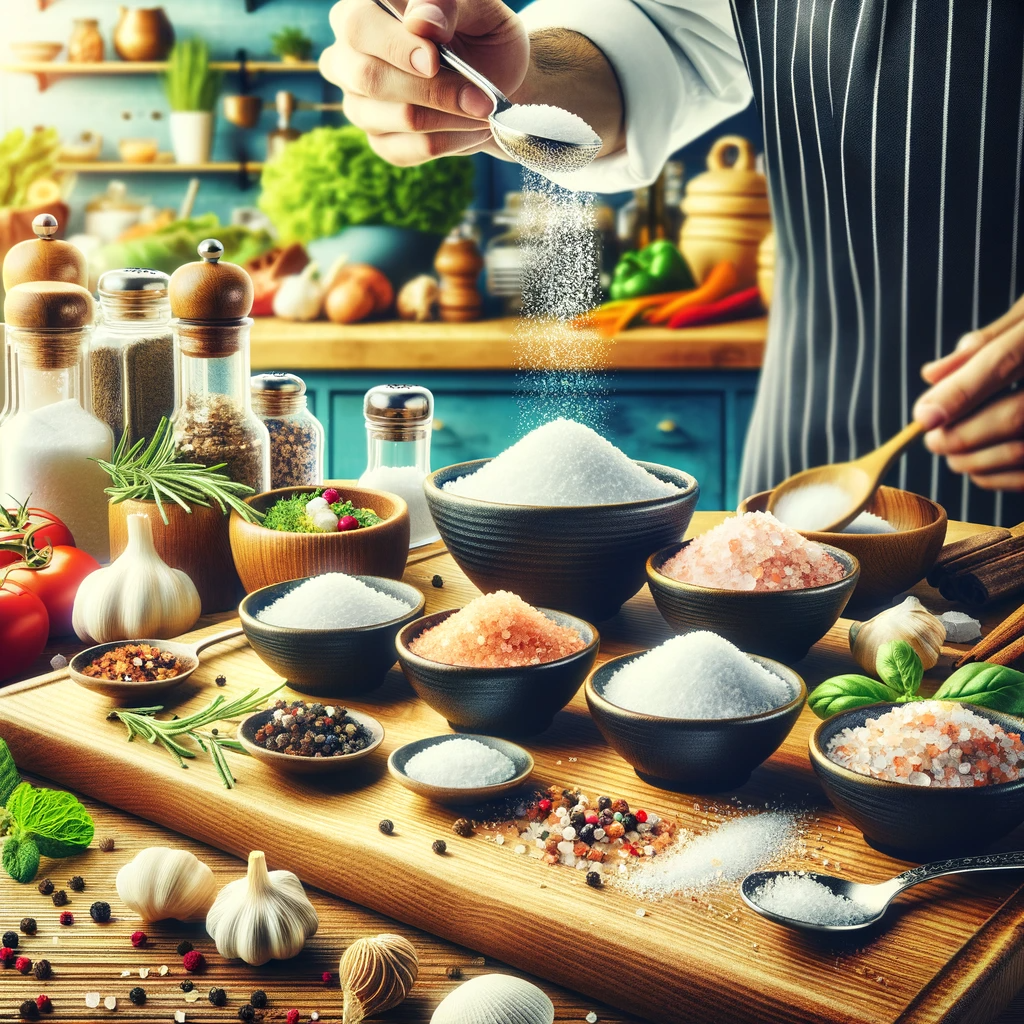 The image shows an assortment of different types of salt in various bowls, with a chef in the background sprinkling salt from a spoon. The setting is a kitchen with ingredients like tomatoes, garlic, and herbs present, and the overall theme suggests cooking and the use of salt as a culinary essential.