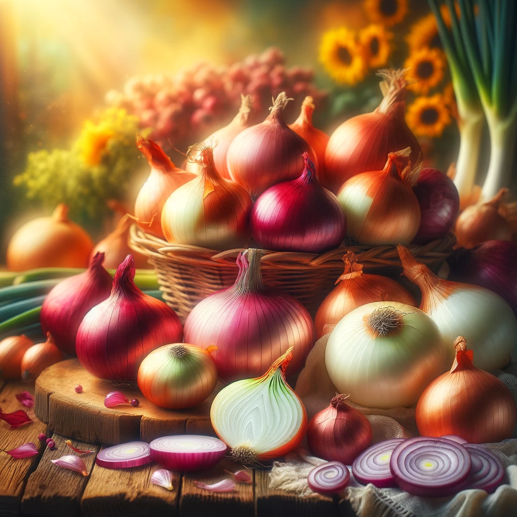 A variety of red, yellow, and white onions artistically arranged in a rustic setting, with some cut in half to showcase their layers, set on a wooden surface or in a basket, against a softly blurred background, emphasizing their diverse beauty and use in cooking and gardening