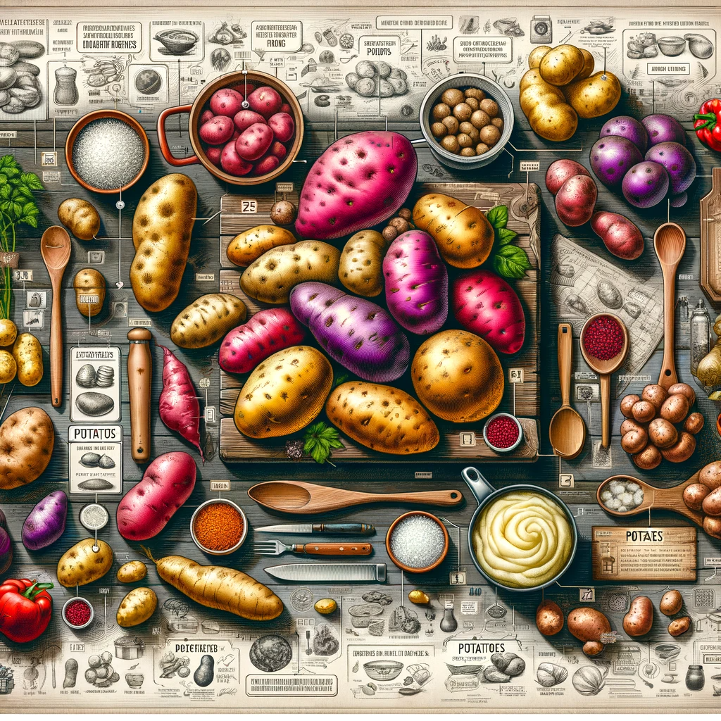 The image showcases a variety of potatoes, including russet, red, and sweet potatoes, artistically displayed in a rustic kitchen setting. Each type of potato is clearly labeled with small annotations. Surrounding the potatoes are elements indicating their culinary uses, like cooking utensils, a pot of boiling potatoes, and a serving of mashed potatoes. The composition is vibrant and engaging, perfect for an educational article on potatoes, with no WordPress logos or branding.