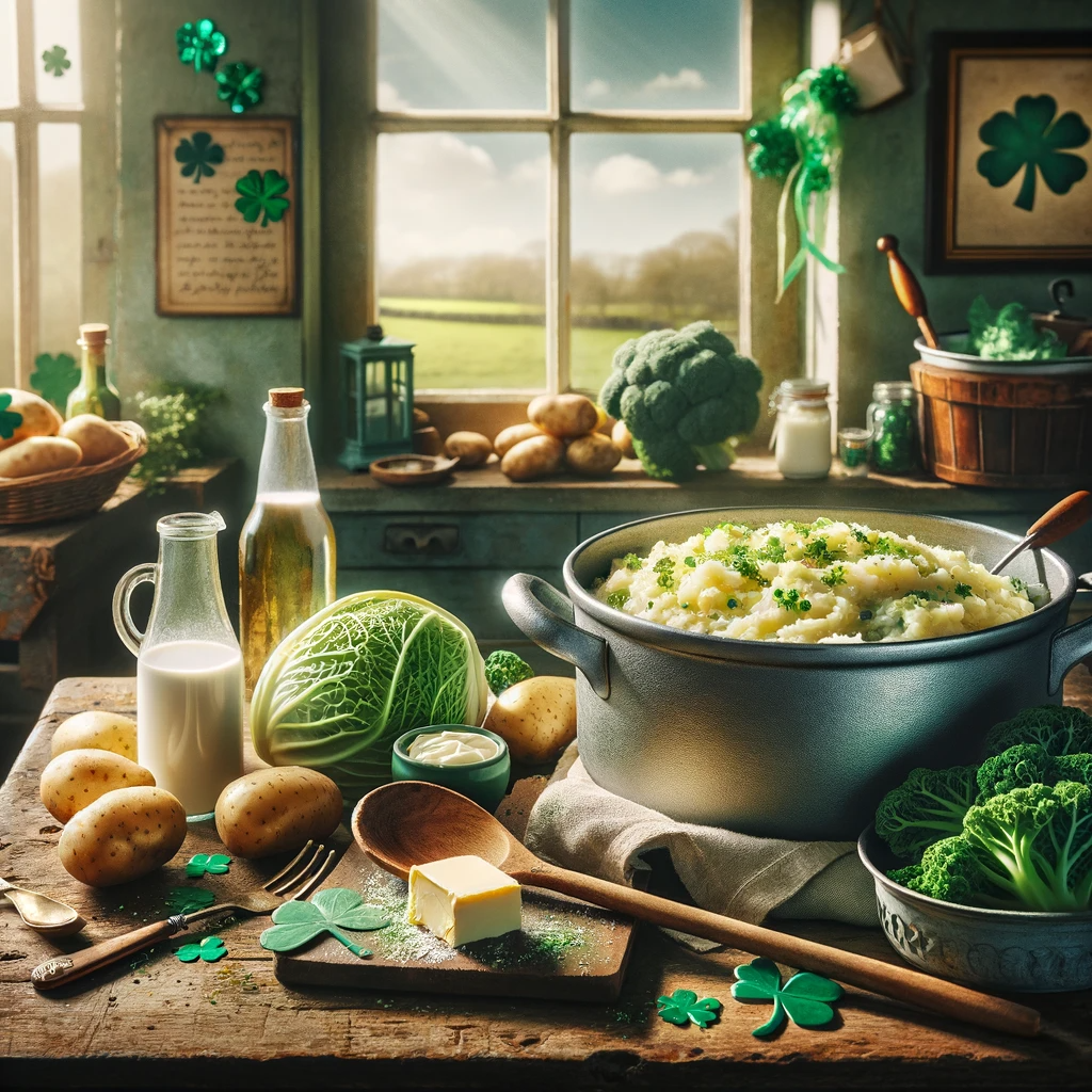 Traditional Irish kitchen scene with a pot of Colcannon and ingredients on a wooden table, St. Patrick's Day decorations in the background, reflecting a warm and traditional cooking atmosphere