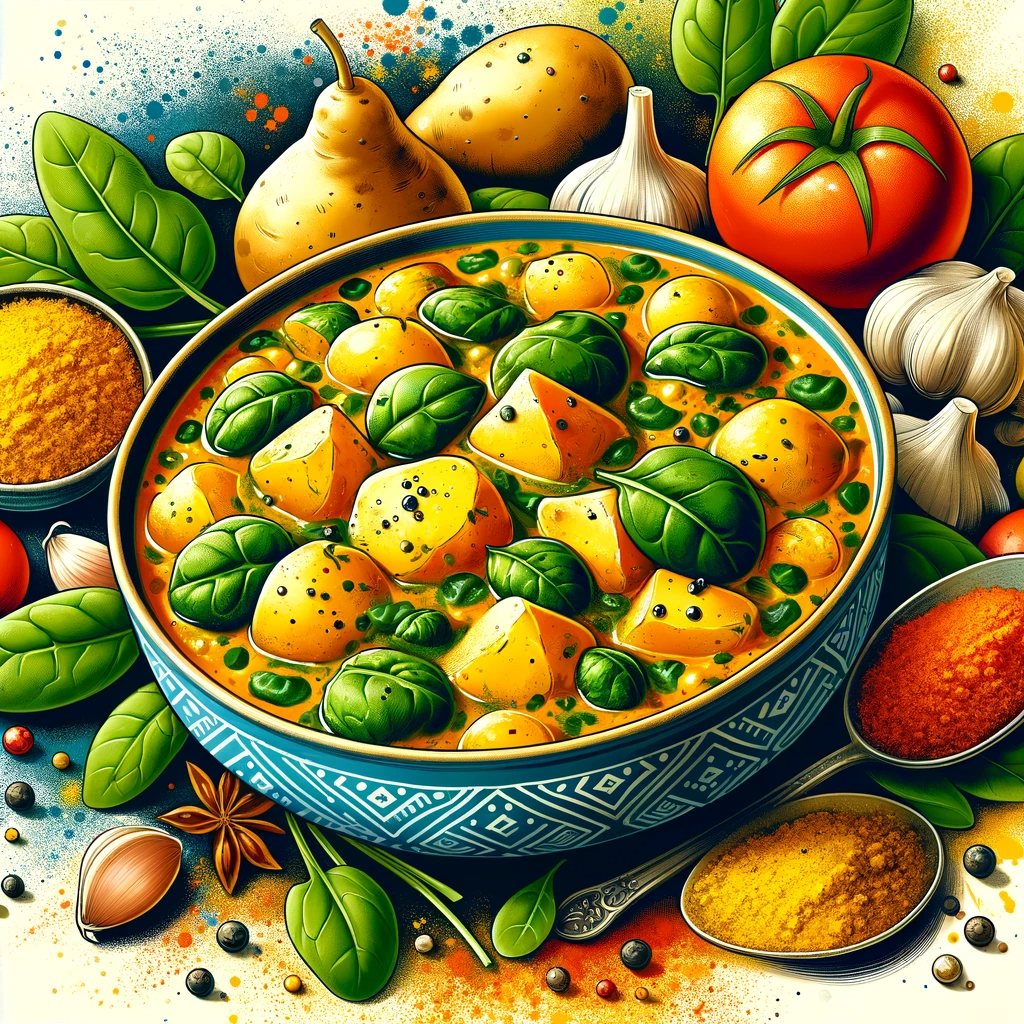 Illustration of a bowl of potato and spinach curry, rich in texture with chunks of golden potatoes and fresh green spinach leaves. The background displays scattered ingredients including potatoes, spinach, spices like turmeric and cumin, tomatoes, and garlic, symbolizing a wholesome vegetarian meal.