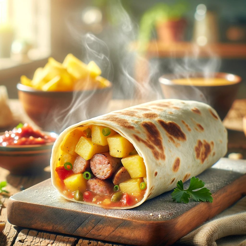 A delectable breakfast burrito filled with diced potatoes and sausage slices, neatly wrapped in a soft flour tortilla. The burrito is sliced in half, revealing the steaming, savory filling. It's presented on a rustic wooden table, accompanied by a bowl of salsa and a cup of hot coffee. The background depicts a bright kitchen with green plants, creating a warm and inviting atmosphere, perfect for a homemade breakfast setting