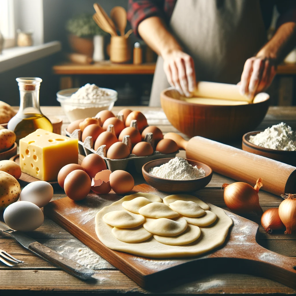 A warm and inviting kitchen scene showcasing ingredients for potato and cheese pierogi on a wooden table, with a person in the background rolling out dough