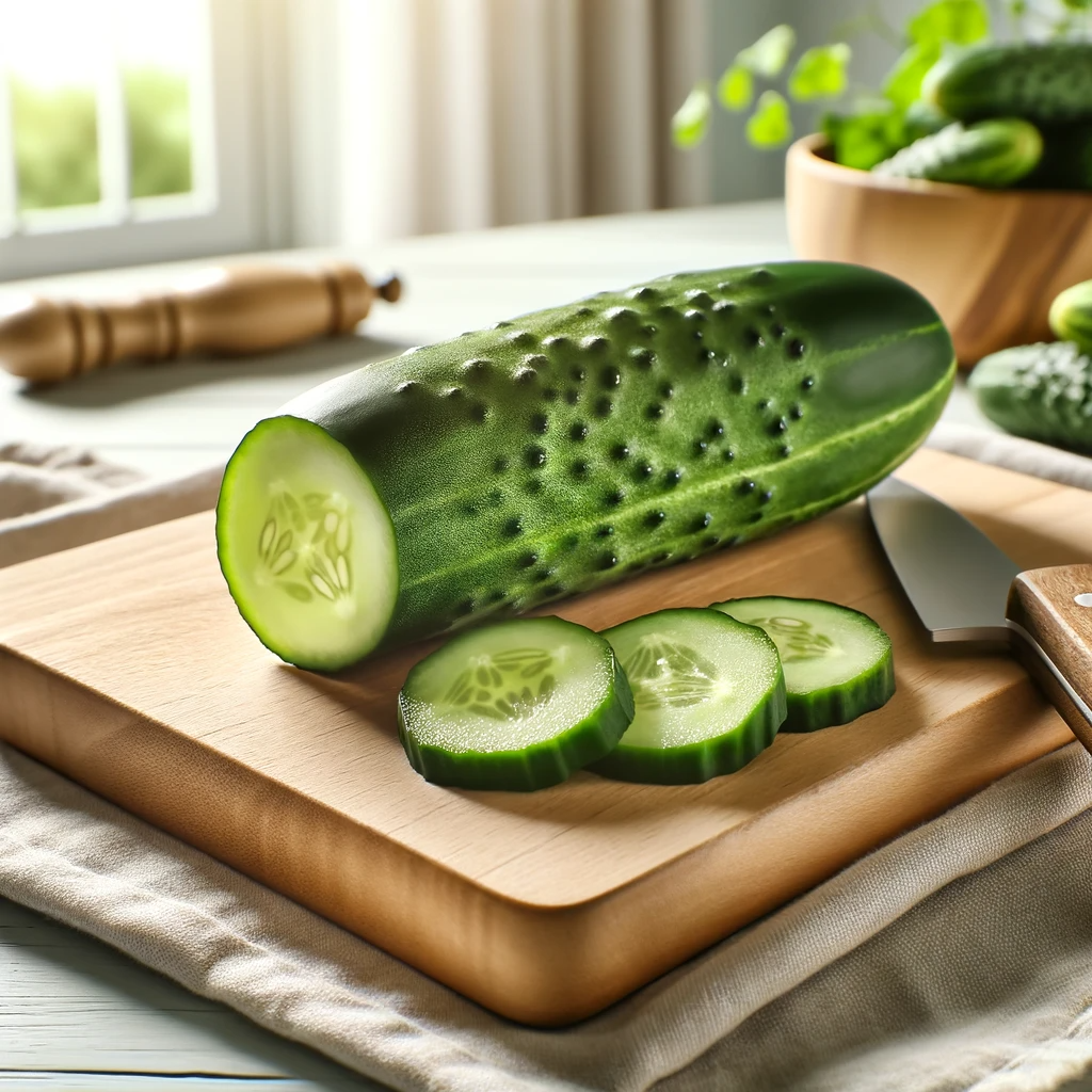 A fresh, green cucumber on a wooden cutting board with a knife beside it, partially sliced to show its interior with seeds and moist flesh. The background features a bright, clean kitchen with a window allowing natural light to enhance the scene, emphasizing the cucumber's freshness and healthiness