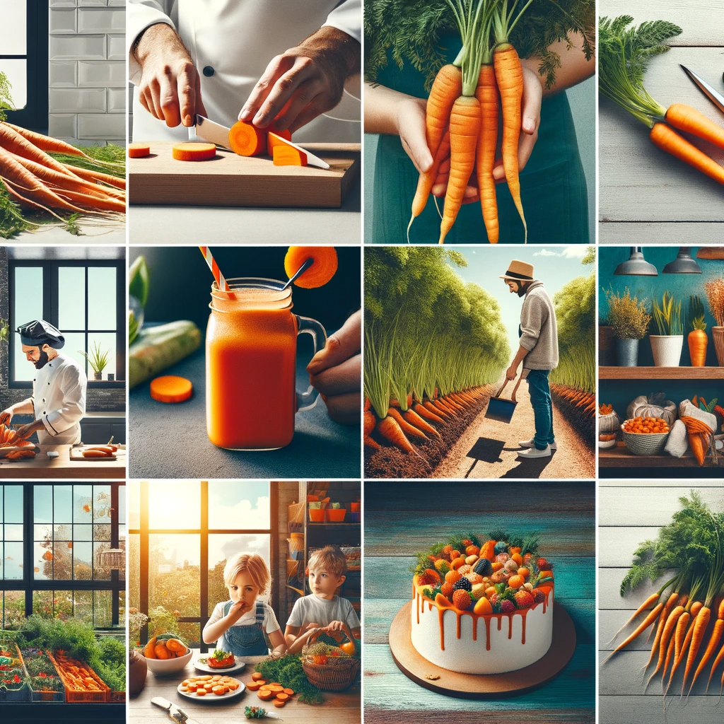 A collage showcasing different uses of carrots. The image features scenes including a chef chopping carrots in a kitchen, a person enjoying carrot juice at a cafe, a home gardener harvesting carrots, a child eating a carrot snack, and a carrot cake on display at a bakery. These scenes are artistically arranged to highlight the diverse applications of carrots in everyday life.