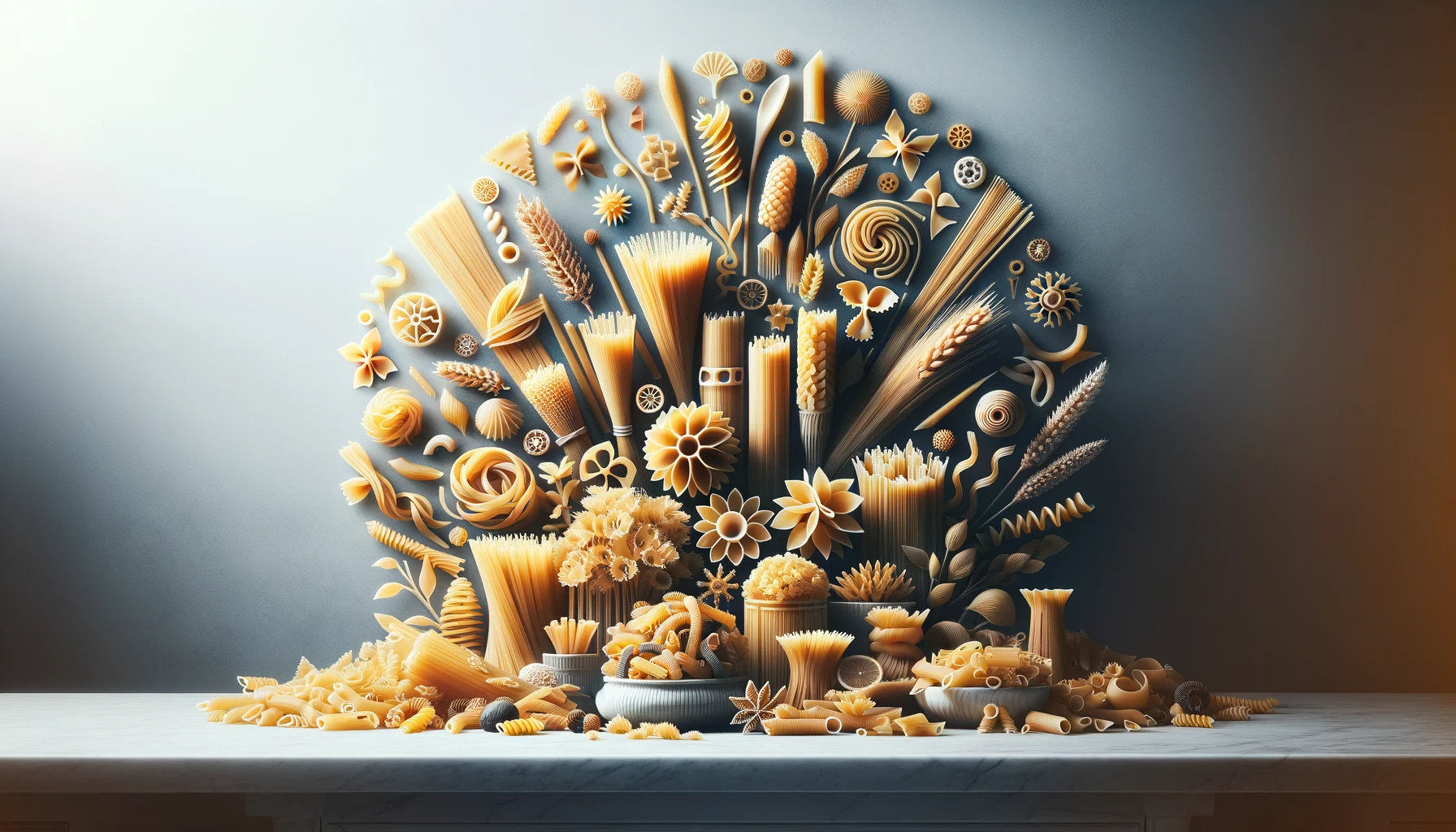 A wide banner image featuring an assortment of pasta types - spaghetti, penne, fusilli, and farfalle - artistically arranged on an elegant and minimalistic background, embodying the gourmet essence of pasta cuisine