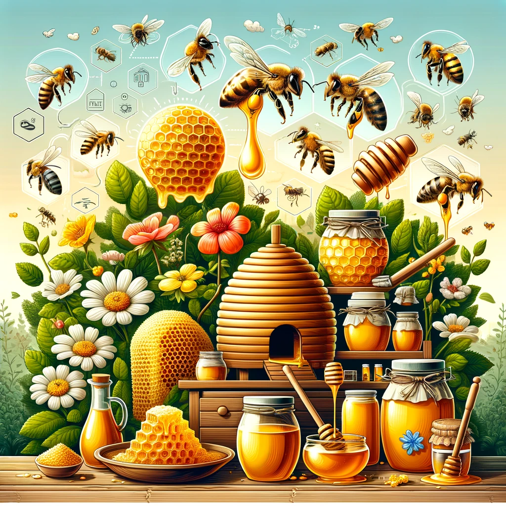 Image illustrates various aspects related to honey. It features a beehive with bees actively working around it, surrounded by a variety of flowers from which bees collect nectar. There are jars of golden honey depicted, along with a honey dipper dripping honey, highlighting the process of honey extraction. The background is a natural, outdoor setting with lush greenery, emphasizing the natural origin of honey. Honey and Hot Beverages.