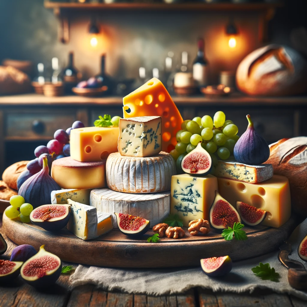An assortment of various types of cheese, including a wheel of Brie, blocks of aged cheddar, slices of Gouda, and wedges of blue cheese, artistically arranged on a rustic wooden board accompanied by grapes, figs, and a loaf of crusty bread. The setting features a cozy, warmly lit kitchen, highlighting the variety and textures of the cheeses.
