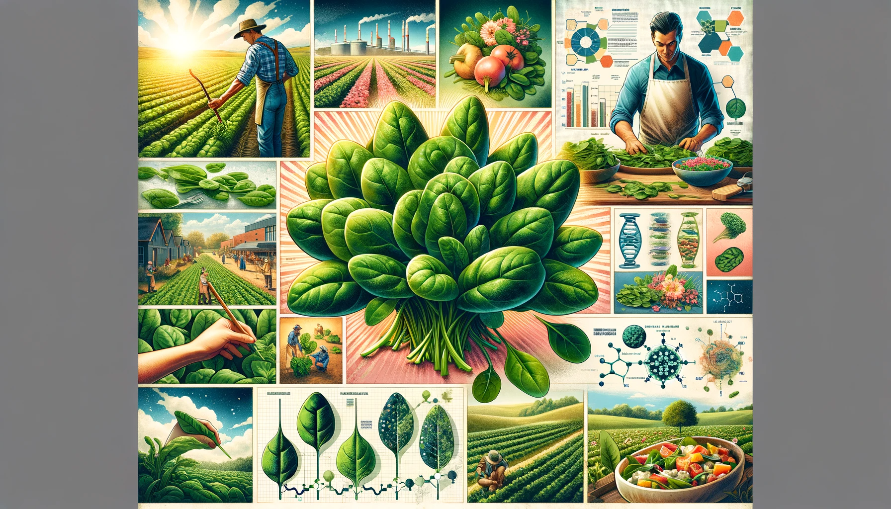 A colorful collage about spinach, featuring different sections each highlighting a unique aspect. One section shows a farmer harvesting spinach in a field, demonstrating agricultural practices. Adjacent to it is a close-up of fresh spinach leaves, emphasizing their vibrant green color and texture. Another part of the collage presents a nutritious spinach salad, symbolizing spinach's role in healthy cuisine. There's also a scientific diagram of spinach at the molecular level, indicating research on its nutritional properties. The final section portrays the historical cultivation of spinach, reflecting its long-standing significance in agriculture.