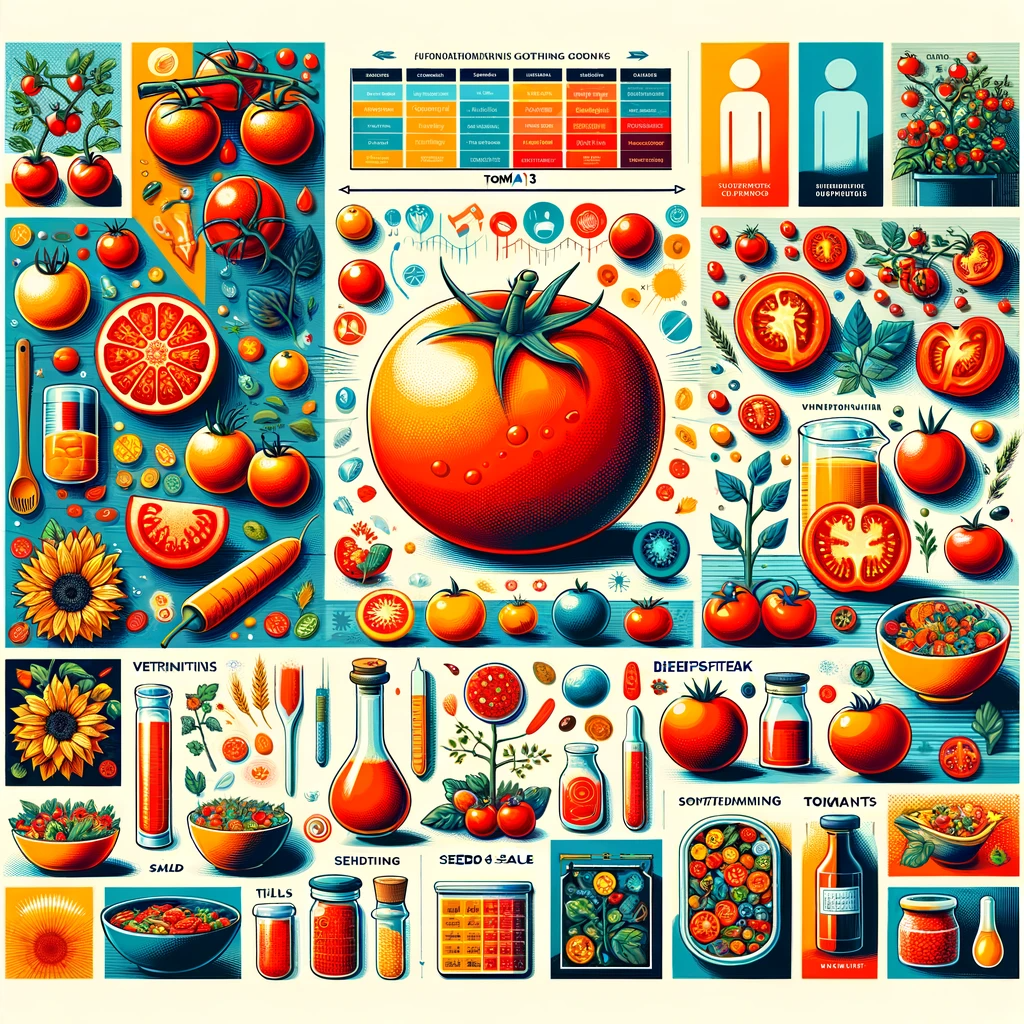A colorful and informative collage about tomatoes. The image includes a variety of tomatoes such as cherry, heirloom, and beefsteak. It depicts the growth process of tomatoes from seedlings to ripe fruits. Additionally, there are sections showing various tomato-based dishes like pasta sauce, salad, and salsa. The image also highlights the health benefits of tomatoes, showcasing their vitamin content and antioxidants.
