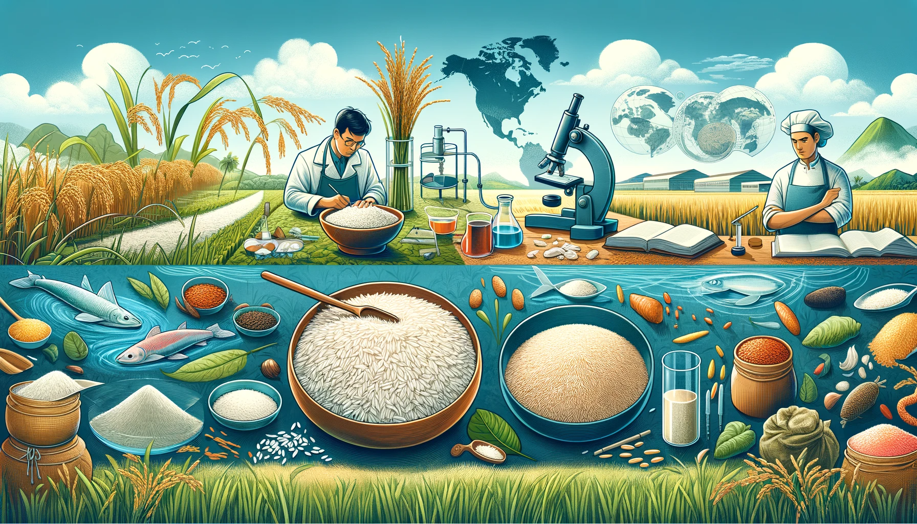 An illustrative banner showing the journey of rice from field to lab to kitchen, with a scientist, a chef, and various rice grains and dishes, set against a global agricultural backdrop.