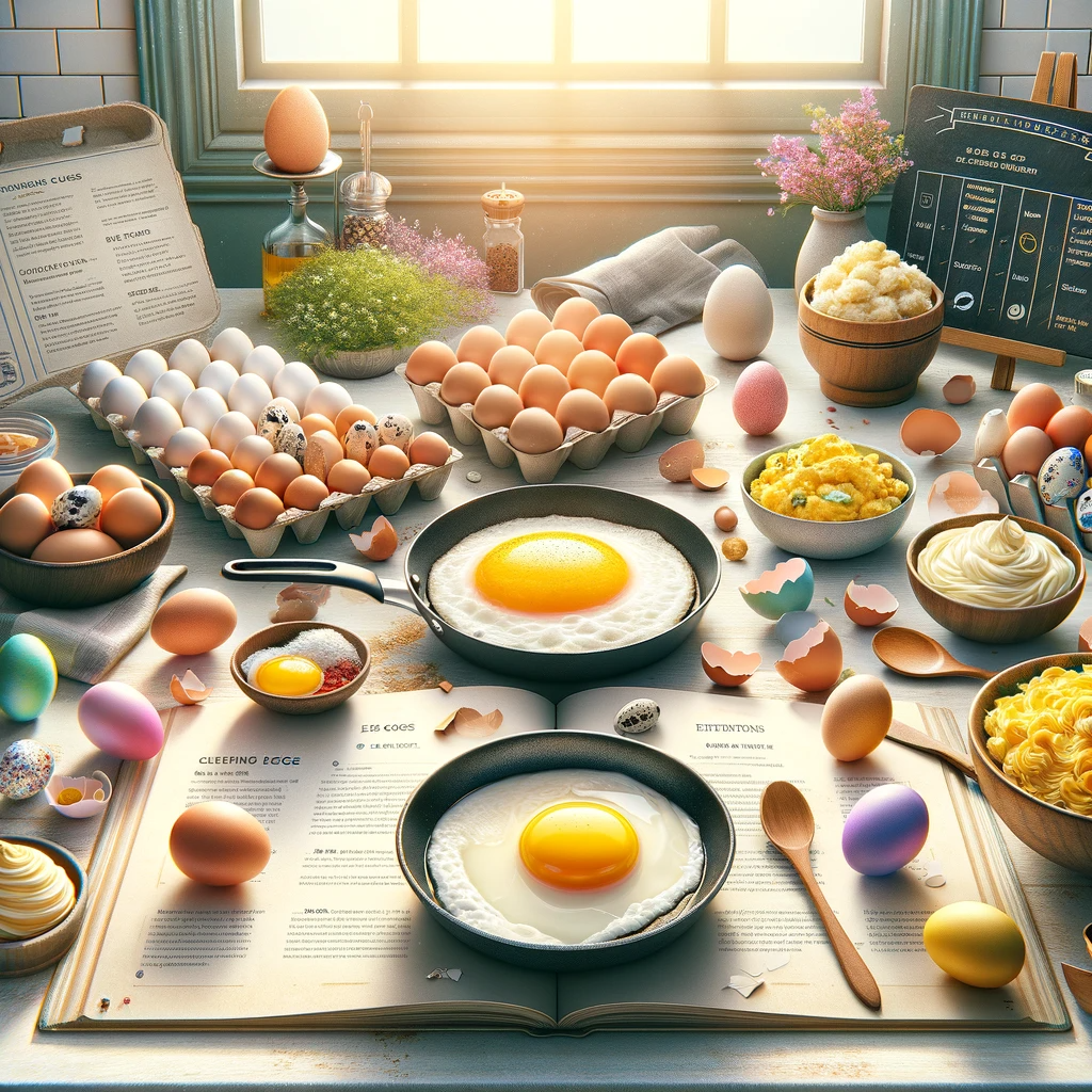 A kitchen counter displaying various egg forms: raw eggs in a carton, a sunny-side-up egg in a frying pan, a bowl of scrambled eggs, a plate of deviled eggs, and a basket of colorful Easter eggs. An open cookbook with egg recipes and a chalkboard listing egg facts are in the background. The setting is bright, with natural light from a window.