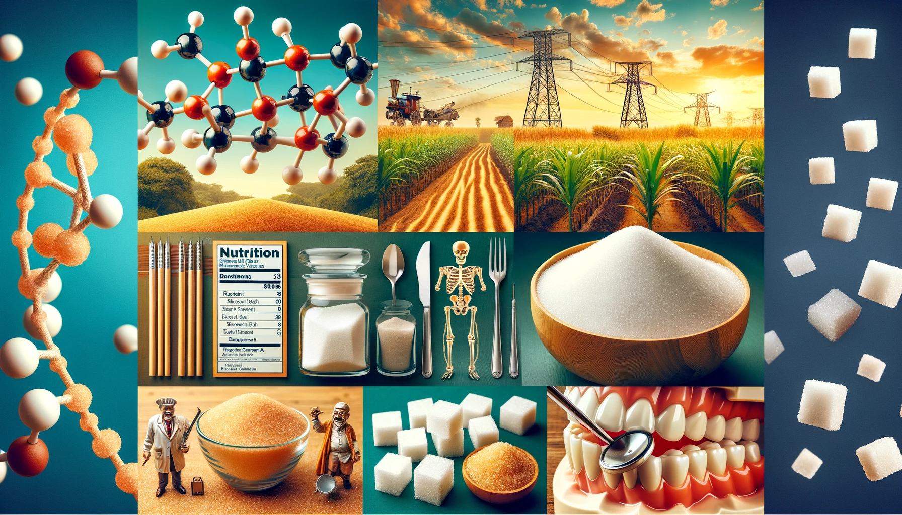 This informative collage on sugar includes a variety of elements. It features the molecular structure of sucrose, showing the chemical bonds and arrangement. There's a scenic view of a sugarcane field, representing sugar's natural source. The image also includes a bowl filled with white and brown sugar crystals, showcasing different types of sugar. A nutrition label is displayed, highlighting the sugar content in food products. A dentist is shown warning about the risks of tooth decay due to sugar consumption. Lastly, the collage includes a historical scene depicting the sugar trade, reflecting its economic and historical significance.
