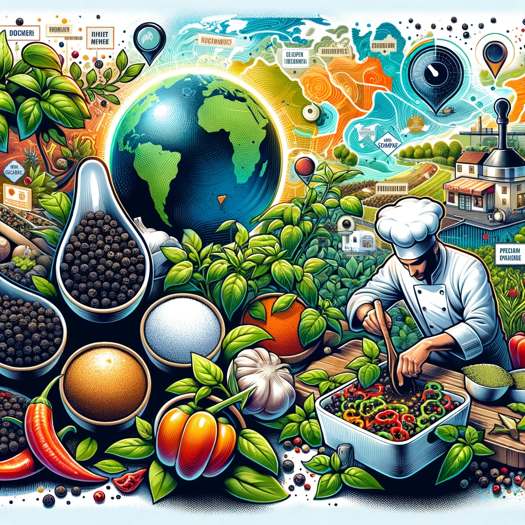 A colorful and educational collage about pepper. It features illustrations of black, white, and green peppercorns, a thriving pepper plant in a garden, a global map showing pepper-growing regions, and a chef seasoning a dish with pepper