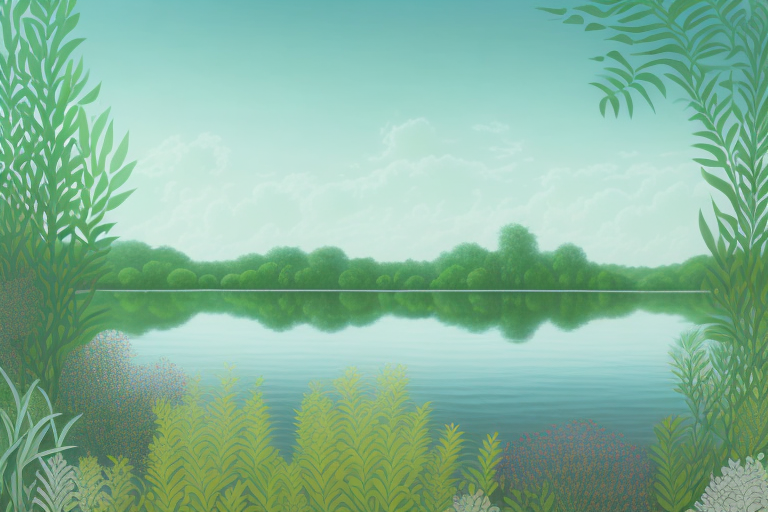 A serene landscape featuring a tranquil body of water