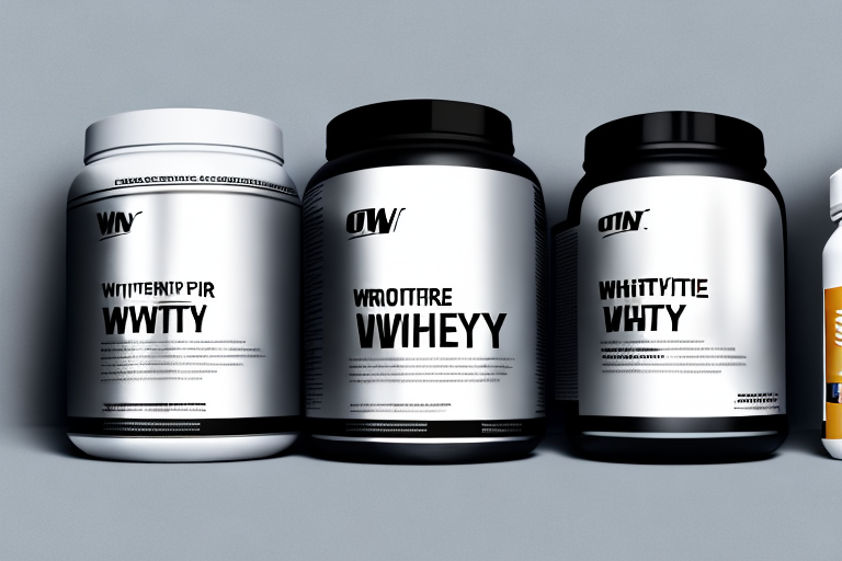 Various types of whey protein containers with a spotlight on one that is emitting radiance