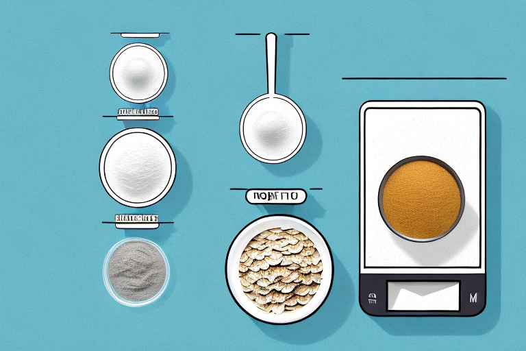 A digital kitchen scale with various dry ingredients like flour