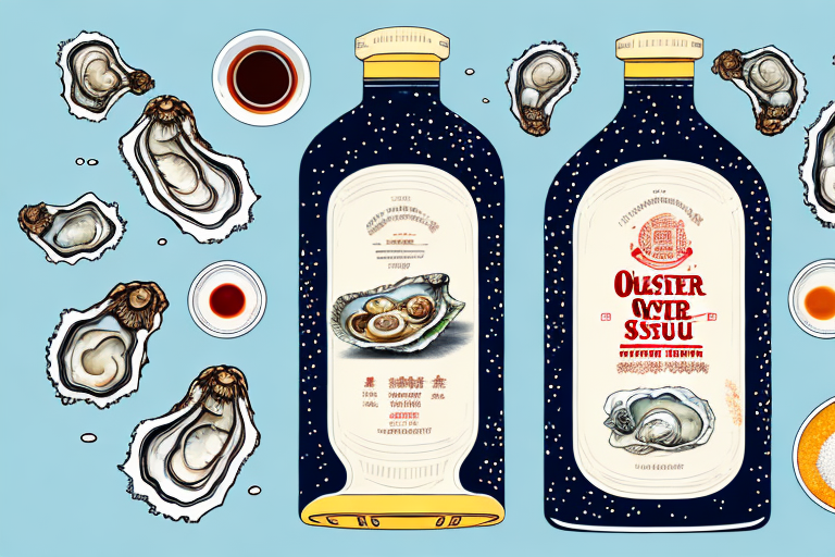 A bottle of oyster sauce surrounded by its essential ingredients like oysters