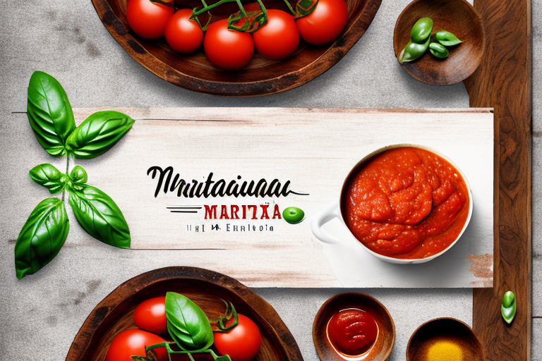 A rustic wooden table with a bowl of vibrant marinara sauce surrounded by its essential ingredients like ripe tomatoes