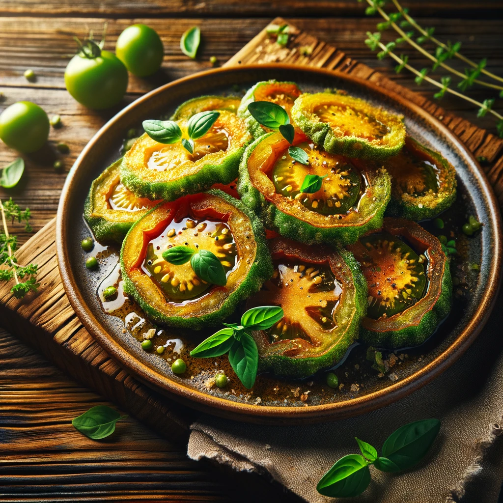 A beautifully plated dish of fried green tomatoes garnished with fresh herbs on a rustic wooden table, embodying southern comfort food