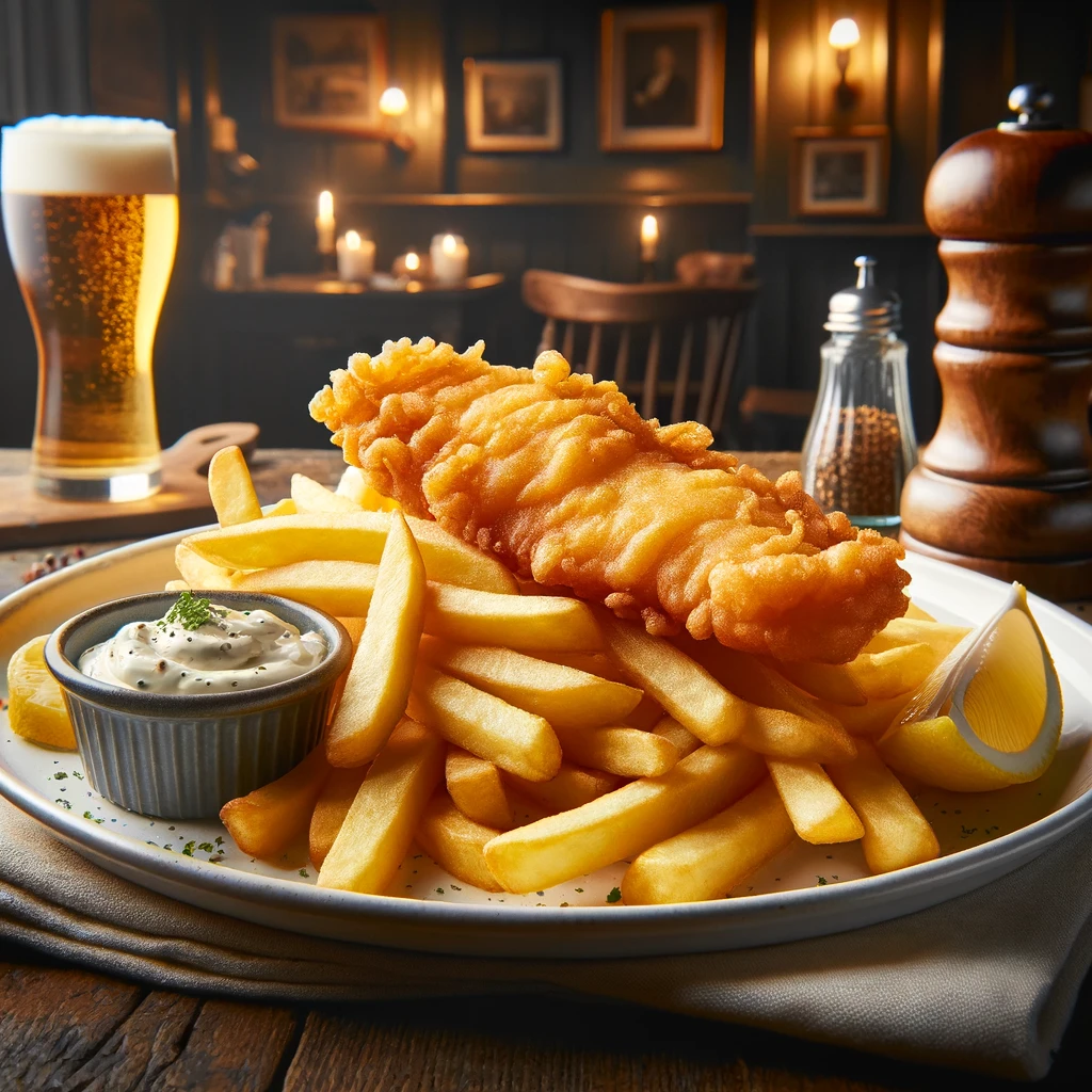 The image captures the essence of a traditional British fish and chips dish, artfully presented to highlight the golden, crispy battered fish and the thick-cut fries that make this dish a beloved classic. Accompanied by tartar sauce and a lemon wedge, it evokes the cozy and rustic ambiance of a British pub, inviting you to savor the flavors and textures that have made fish and chips a culinary icon.