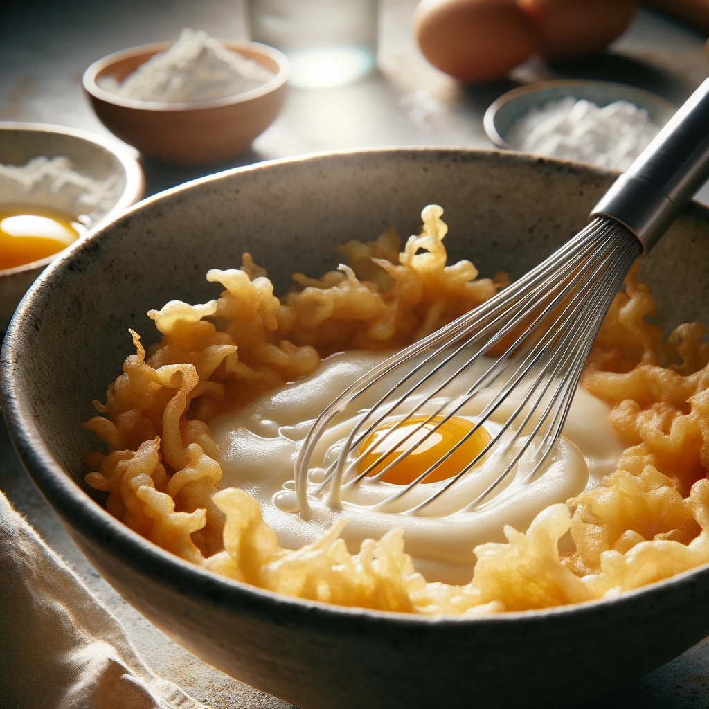 Close-up of light and airy tempura batter in a mixing bowl with whisk, highlighting the golden color and delicate texture, prepared with basic ingredients on a kitchen countertop for a traditional Japanese dish.