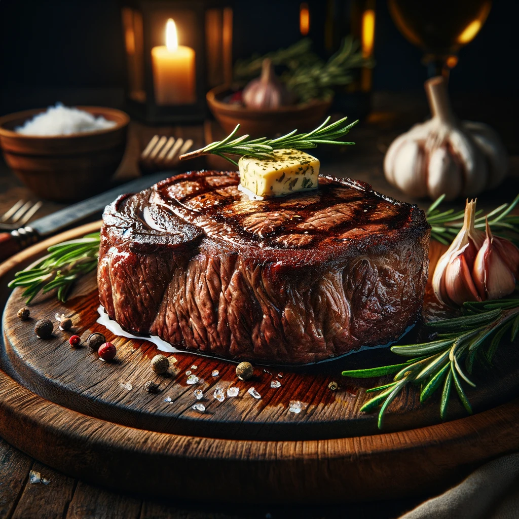 Succulent Delmonico steak with a perfect sear, rich marbling, and a melting dollop of herb butter on a wooden cutting board, surrounded by rosemary and garlic, in an intimate dining setting.