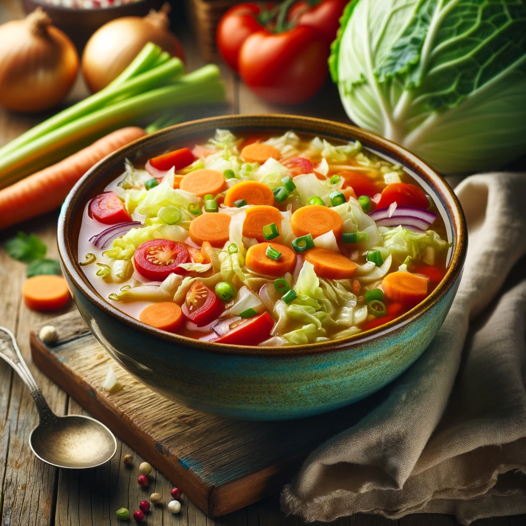 The image showcasing a vibrant and inviting bowl of homemade cabbage soup. It embodies the essence of the cabbage soup diet, emphasizing the healthiness and simplicity of this weight loss strategy.