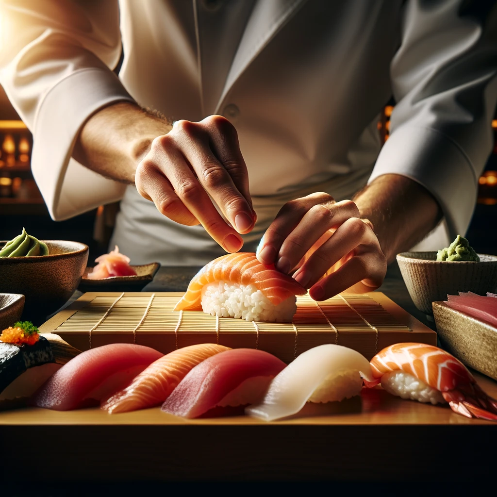 The image captures the meticulous art of preparing salmon nigiri sushi, showcasing a skilled chef in the process of assembling this classic Japanese dish with precision and elegance.