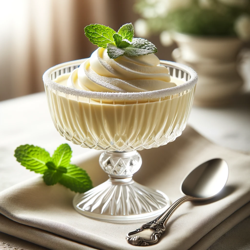 An elegant presentation of Bavarian cream in a crystal dessert bowl, garnished with a fresh mint leaf and a dusting of powdered sugar on the rim. The cream is smoothly piped to create a swirl on top. The bowl sits on a linen napkin next to a vintage silver spoon, with soft, natural light highlighting the dessert's creamy texture and the intricate details of the crystal bowl.