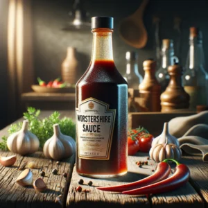 An artistic representation of a Worcestershire Sauce bottle on a rustic wooden table, surrounded by garlic cloves, fresh herbs, and chili peppers. The bottle is glossy, showcasing its dark liquid, with a soft-focus kitchen setting in the background, highlighted by warm, inviting lighting.

