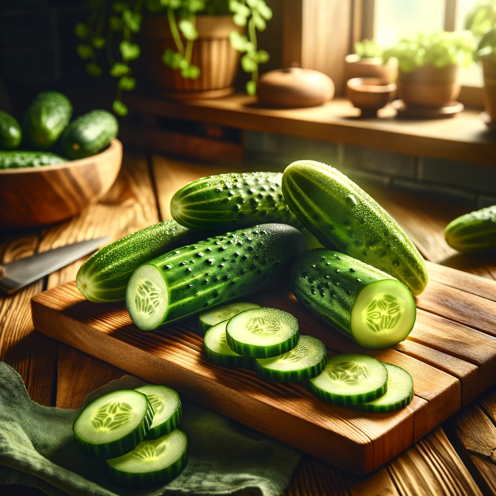 Freshly cut cucumbers on a wooden chopping board, illuminated by natural sunlight filtering through a window. The bright green of the cucumbers contrasts beautifully with the warm tones of the wood, showcasing their crisp edges and dewy texture. In the background, a cozy kitchen ambiance is enhanced by potted plants, adding to the inviting atmosphere