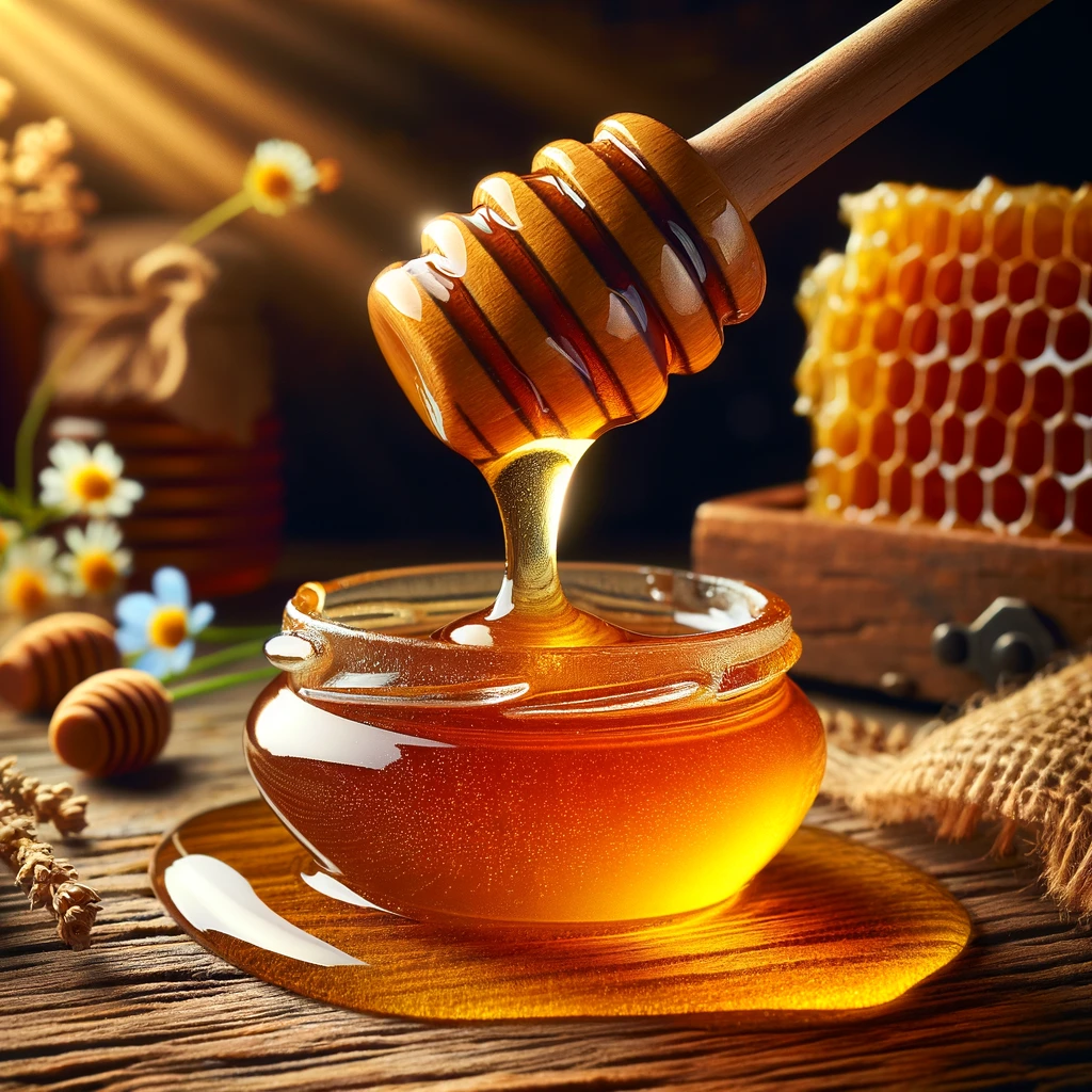 Golden honey pours smoothly from a wooden honey dipper, capturing its rich, amber glow against a rustic wooden table backdrop. Sunlight accentuates the honey's flowing texture and transparency, creating intricate patterns. Honeycombs and wildflowers in the foreground underscore the honey's natural origins, making the scene inviting and pure